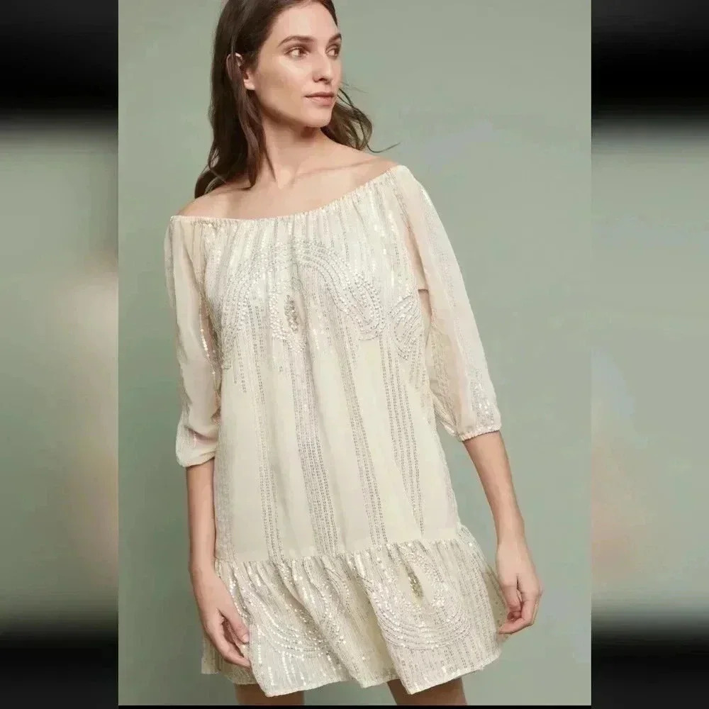 Anthropologie Beaded Sand Swing Sequined Dress By Carolina K